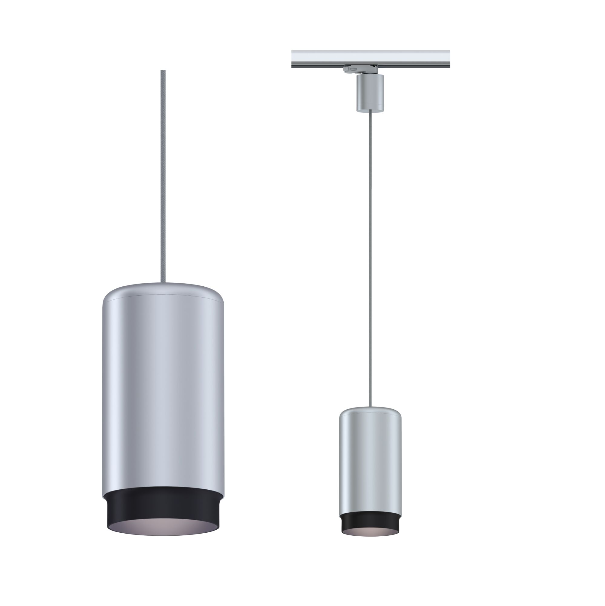 Moderne Pendelleuchte aus silbernem Metall mit schwarzem Lampenschirm für stilvolle Innenbeleuchtung