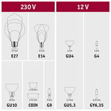 Übersicht verschiedener Leuchtmittel-Sockeltypen für 230 V und 12 V mit Maßen und Bezeichnungen.