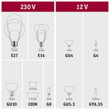 Übersicht verschiedener Leuchtmittel-Sockeltypen für 230 V und 12 V mit Maßen und Bezeichnungen.