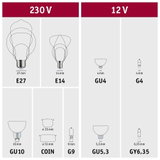 Übersicht verschiedener Leuchtmittel-Sockeltypen für 230 V und 12 V mit Maßen und Bezeichnungen.