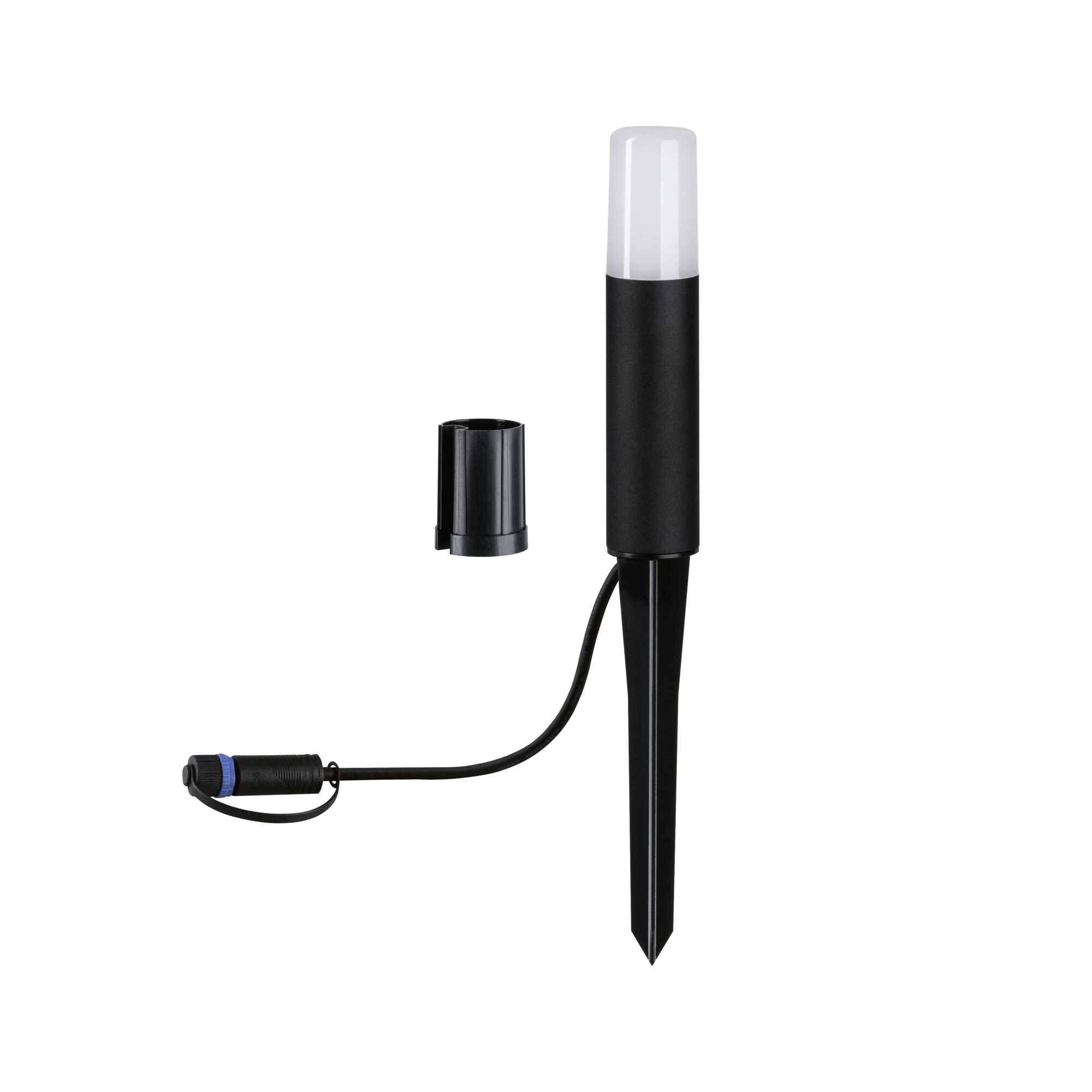 Black LED garden light with ground spike and white plastic diffuser for outdoor lighting