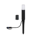 Sort LED-havelampe med jordspyd og hvid plastdiffuser til udendørsbelysning