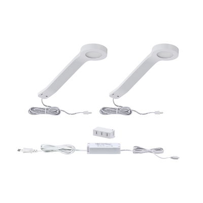 Deux lampes LED blanches sous meuble avec câbles et alimentation pour éclairage polyvalent