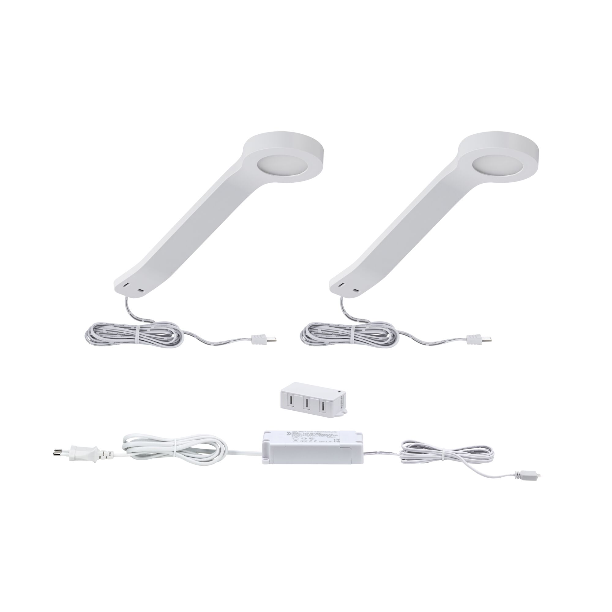 Two white LED under-cabinet lights with cables and power supply for versatile lighting