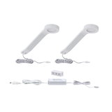 Two white LED under-cabinet lights with cables and power supply for versatile lighting