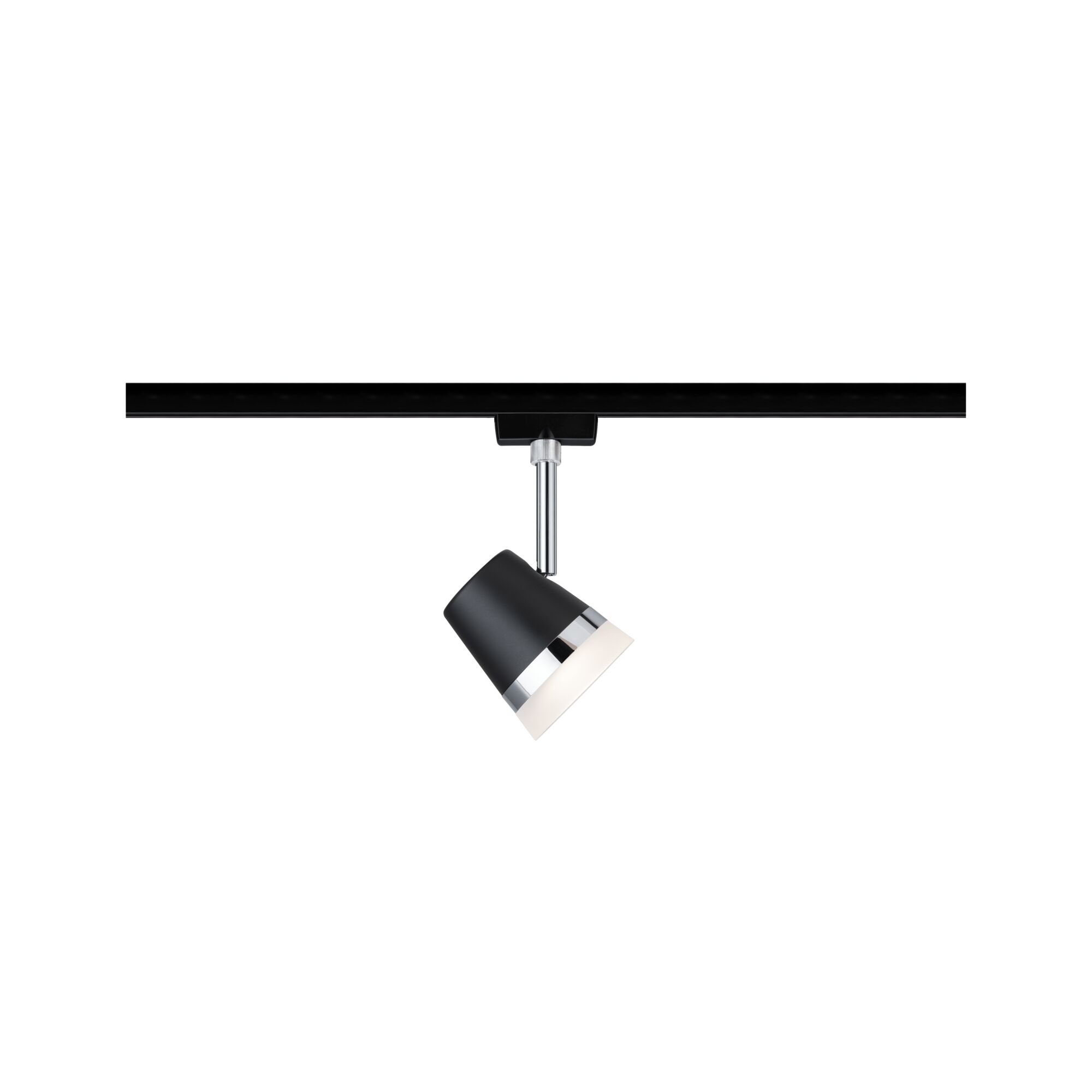 Black LED spotlight with chrome ring on black track, adjustable ceiling light for accent lighting