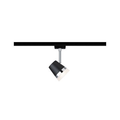 Black LED spotlight with chrome ring on black track, adjustable ceiling light for accent lighting