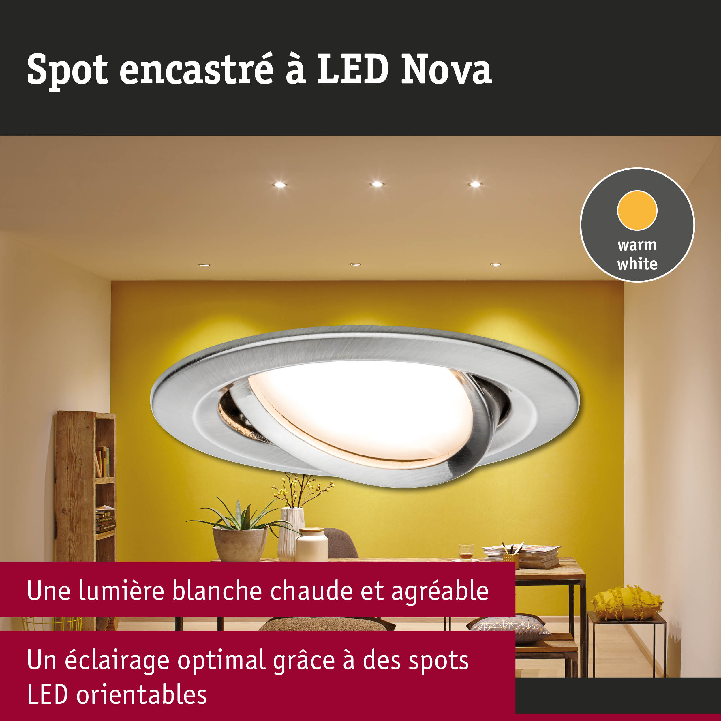 Spot encastré LED Nova en métal argenté avec lumière blanc chaud pour éclairage intérieur