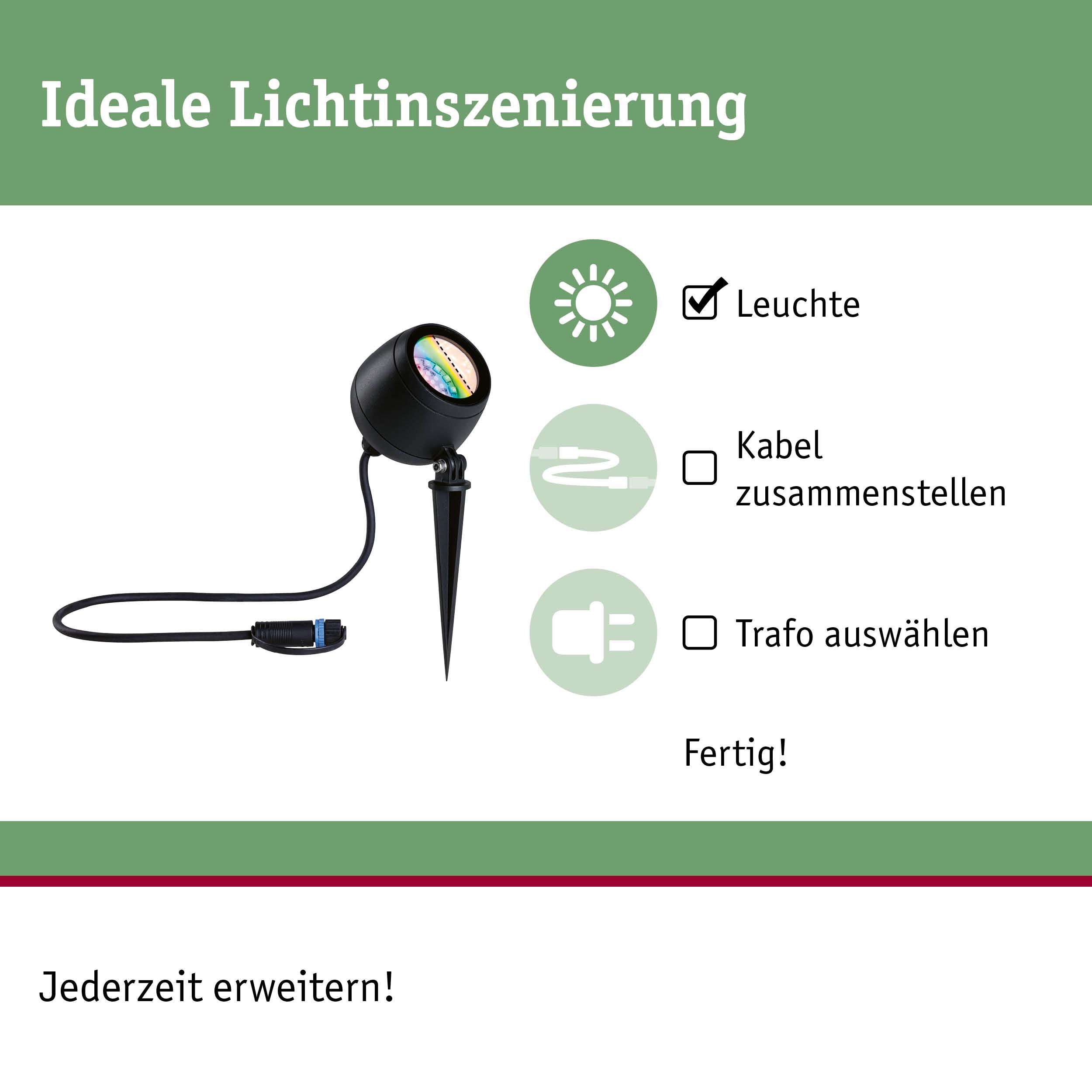 Schwarze LED-Gartenleuchte mit Erdspieß und Kabel für einfache Lichtinszenierung im Außenbereich