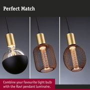Three modern pendant lights with gold metal and black wire mesh for stylish indoor lighting