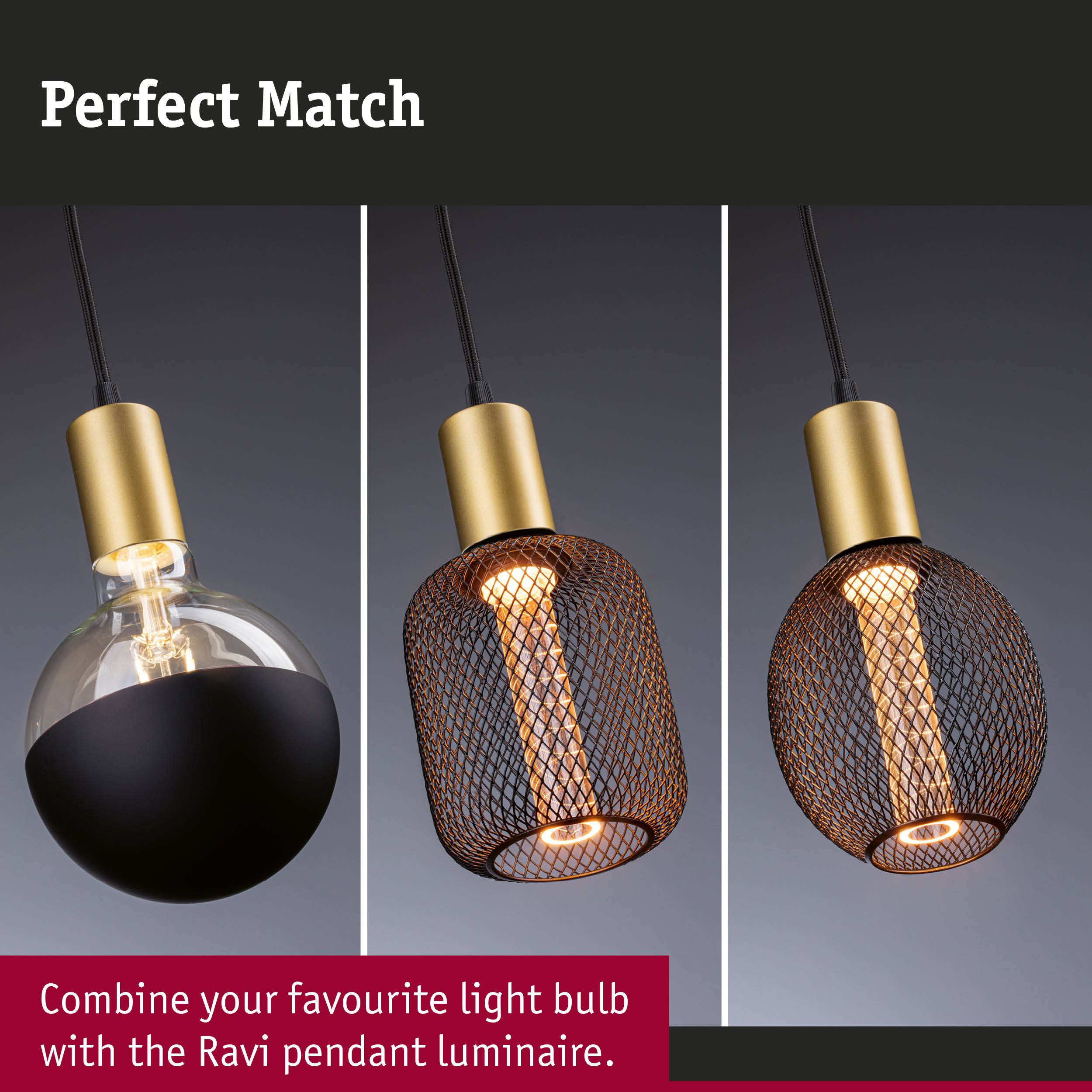 Three modern pendant lights with gold metal and black wire mesh for stylish indoor lighting