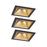Three square black metal recessed spotlights with gold reflector for LED lighting solutions