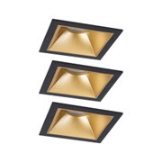 Drei quadratische Einbaustrahler aus schwarzem Metall mit goldfarbenem Reflektor für LED-Beleuchtung