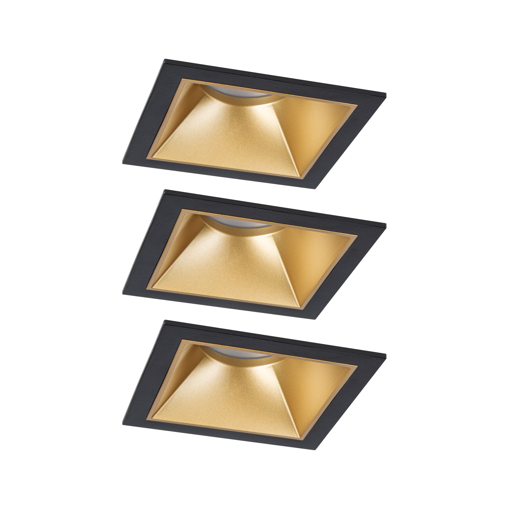 Drei quadratische Einbaustrahler aus schwarzem Metall mit goldfarbenem Reflektor für LED-Beleuchtung