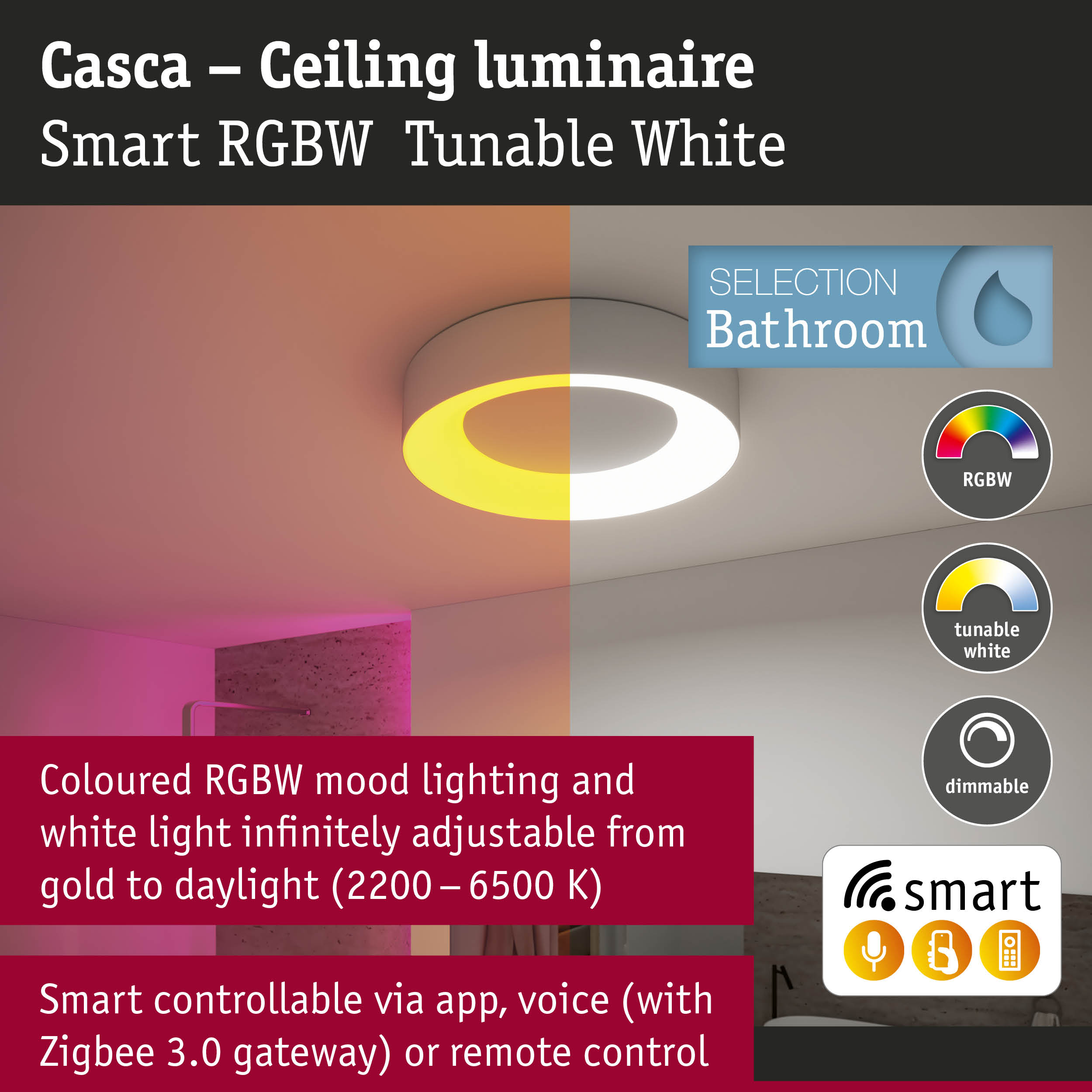 Casca ceiling luminaire with smart RGBW lighting and tunable white for bathroom lighting