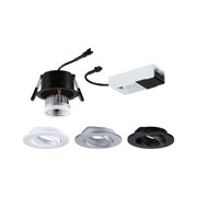 LED recessed spotlight with black housing and three interchangeable rings in white, silver, and black