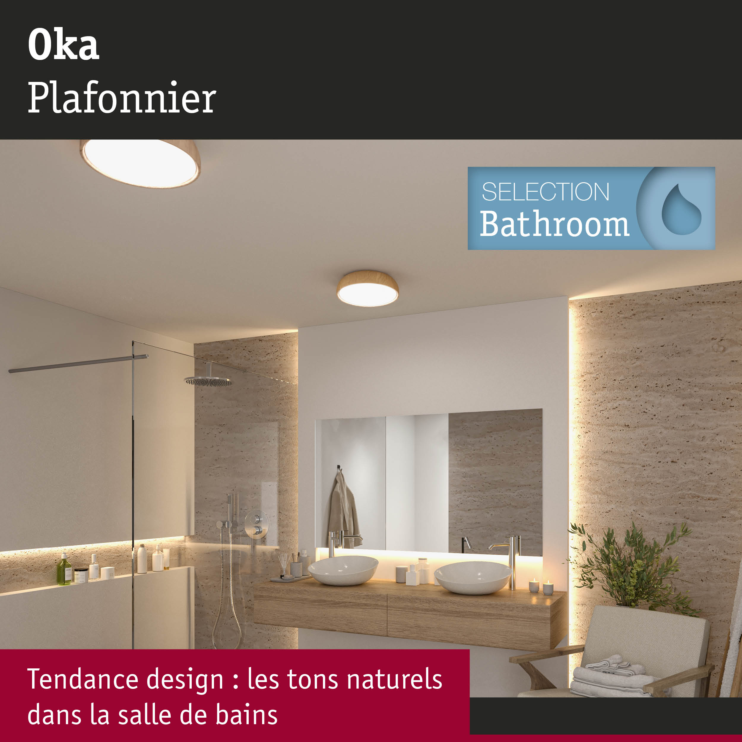 Salle de bains moderne avec plafonniers ronds en bois et tons naturels pour éclairage de salle de bain