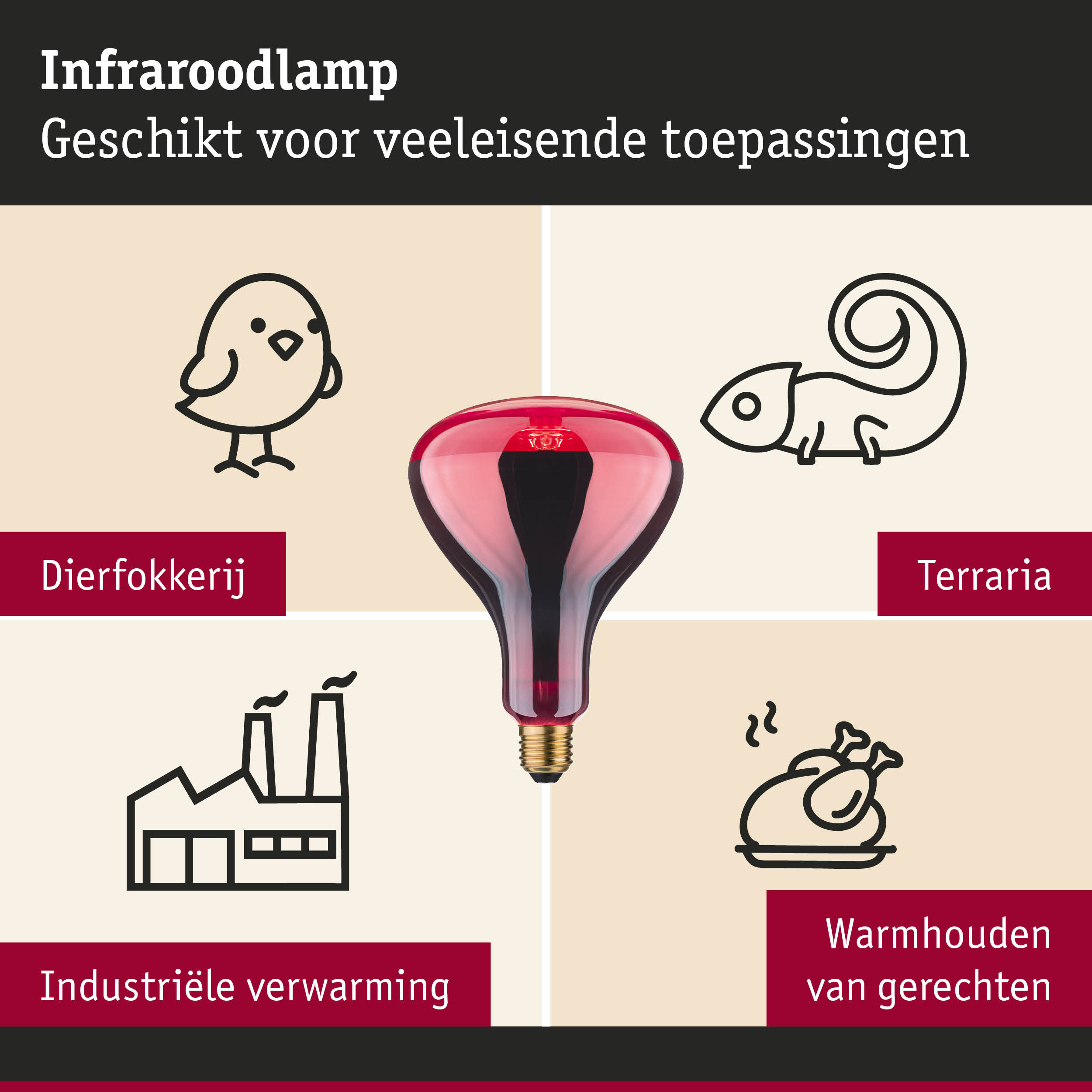 Rode infraroodlamp met E27-fitting voor dierfokkerij, terraria, industriële verwarming en warmhouden van gerechten