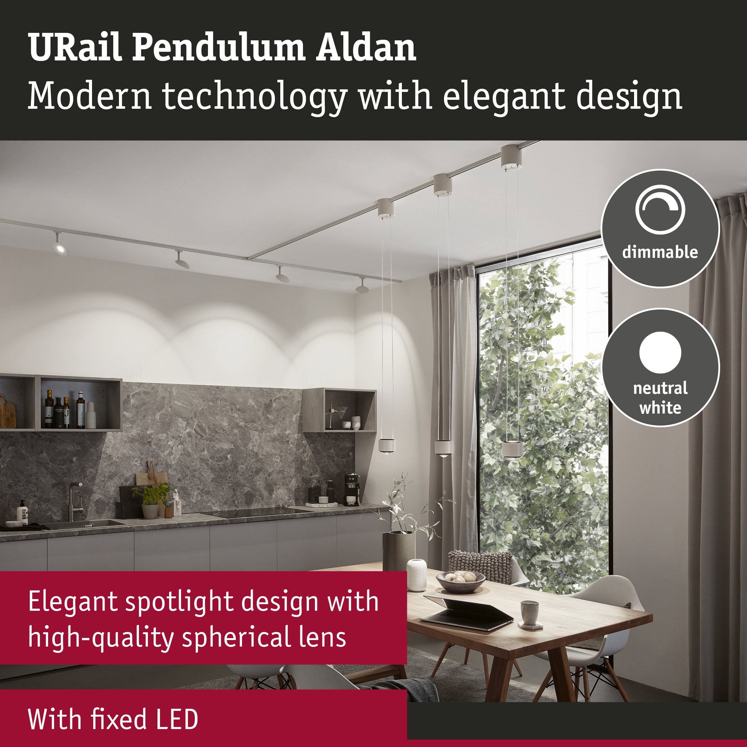 URail Pendulum Aldan grey LED ceiling light with dimmable neutral white light for modern kitchen lighting
