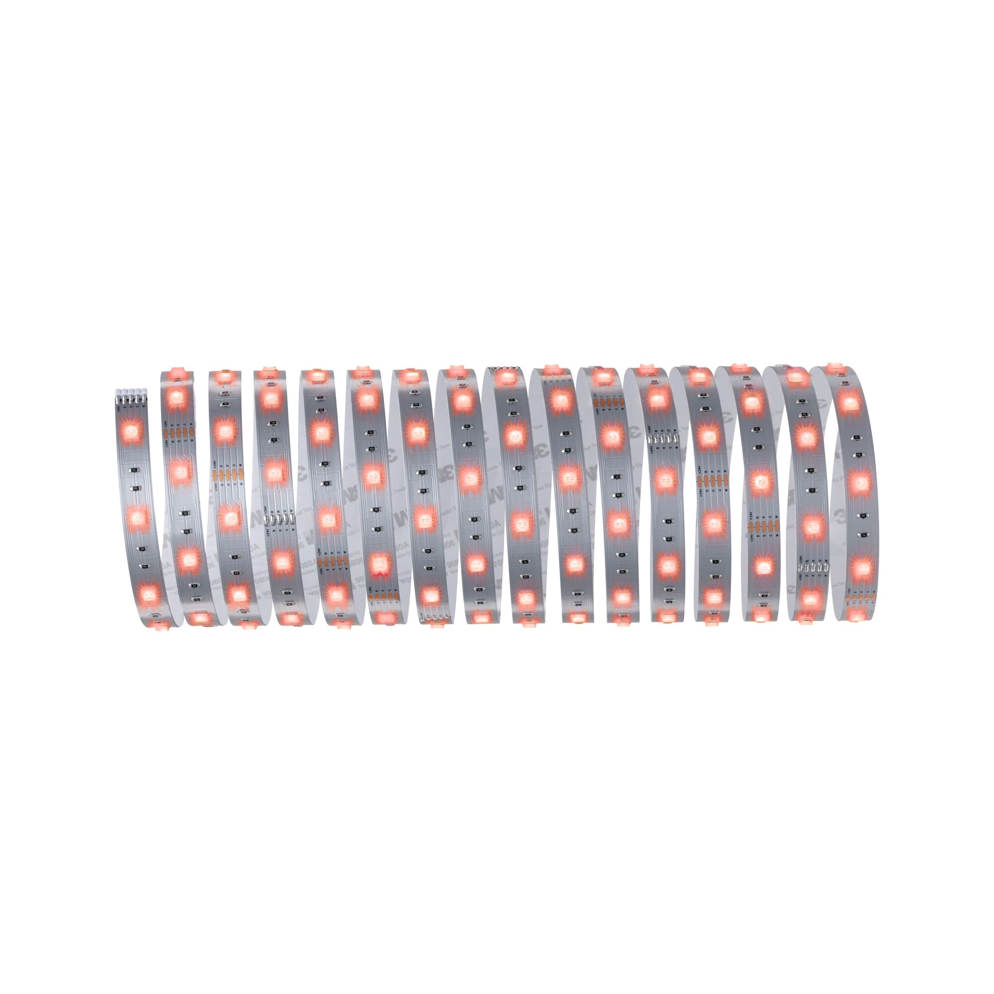 Flexible LED strip with red lights on white base for decorative and ambient lighting.