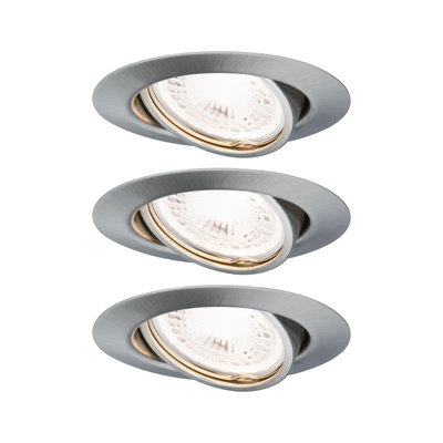 Three round recessed spotlights in brushed silver aluminum with LED bulbs for indoor lighting.