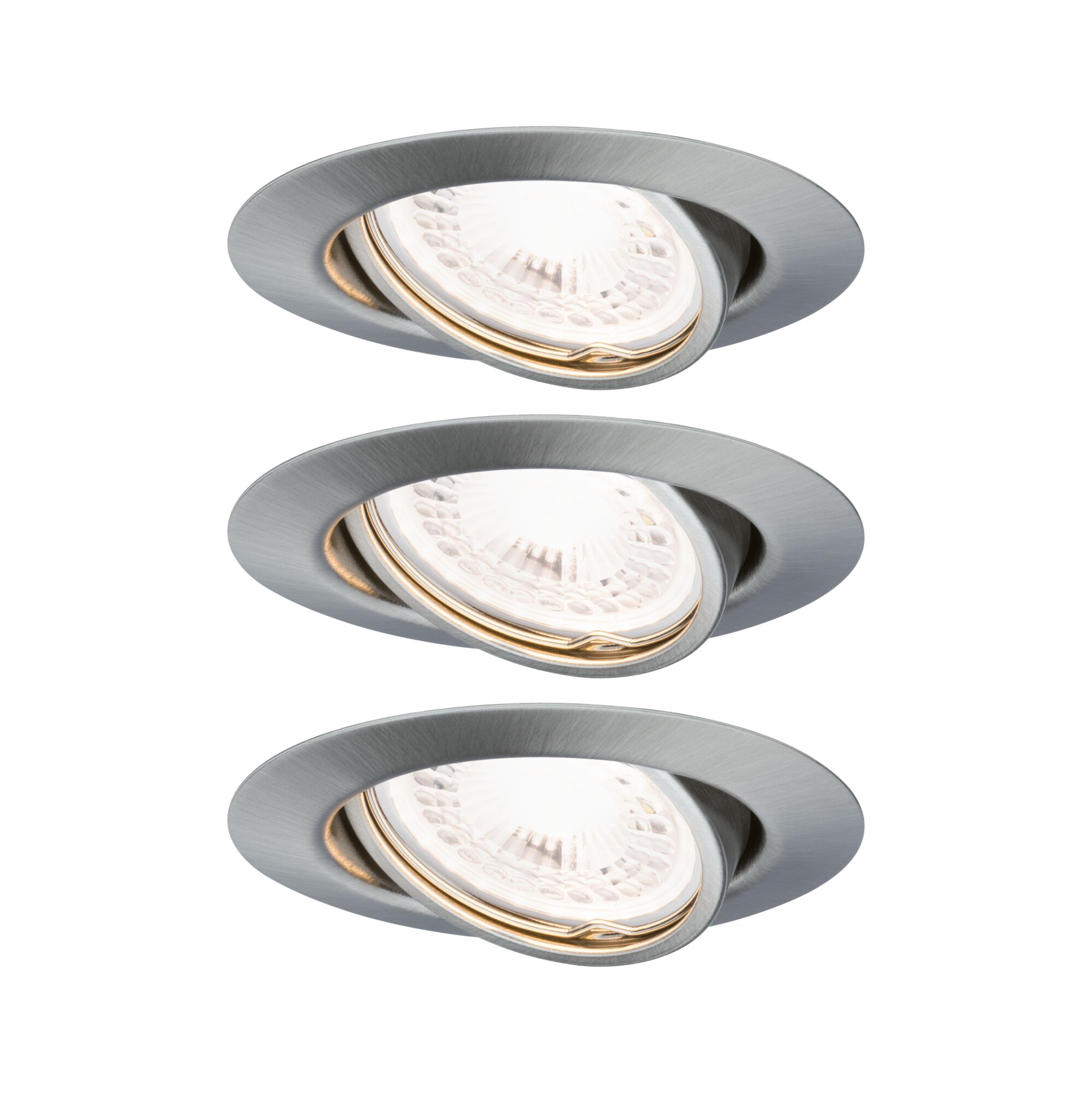 LED-inbouwlamp 3-Step-Dim Base Basisset zwenkbaar rond 90mm 20° GU10 3x5W 3x350lm 230V dimbaar 3000K Staal geborsteld Drie ronde inbouwspots van geborsteld zilverkleurig aluminium met LED-lampen voor binnenverlichting.