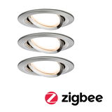 Trois spots encastrés ronds en aluminium brossé avec lumière blanc chaud et fonction Zigbee