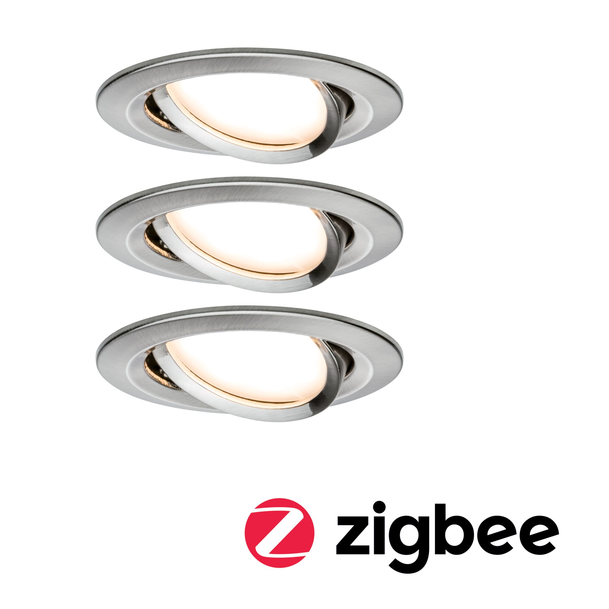 Smart Home Zigbee Kit Spot encastré LED Nova Coin + Cephei orientable rond 84mm 50° Coin 3x6W 3x470lm 230V 2700K Acier brossé Trois spots encastrés ronds en aluminium brossé avec lumière blanc chaud et fonction Zigbee