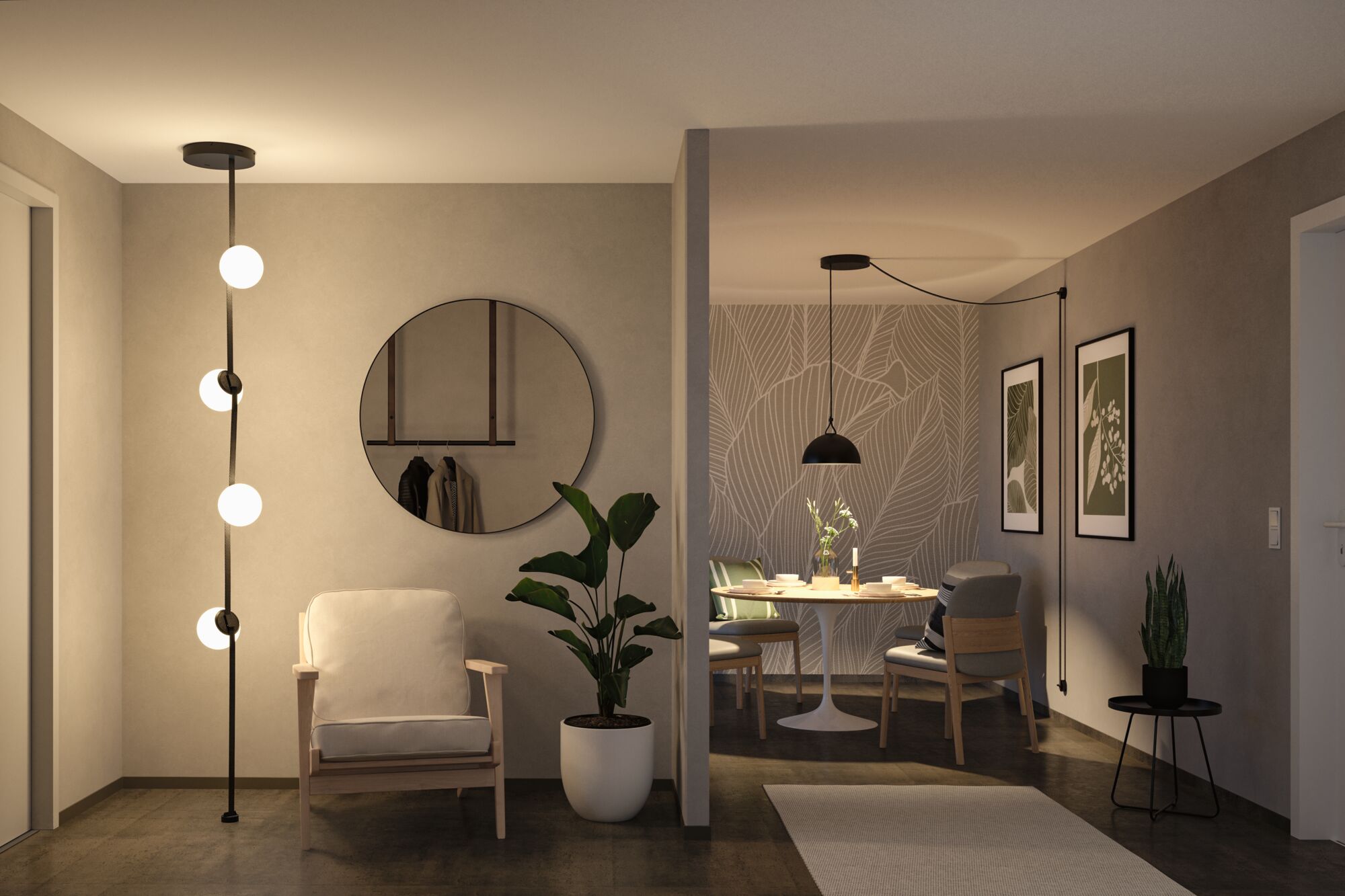 Modern living room with black floor lamp with white globes, beige armchair and plants creating cozy lighting