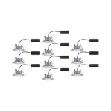 Zehn runde Einbauleuchten aus silbernem Aluminium mit schwarzem Kabel und Treiber für LED-Beleuchtung
