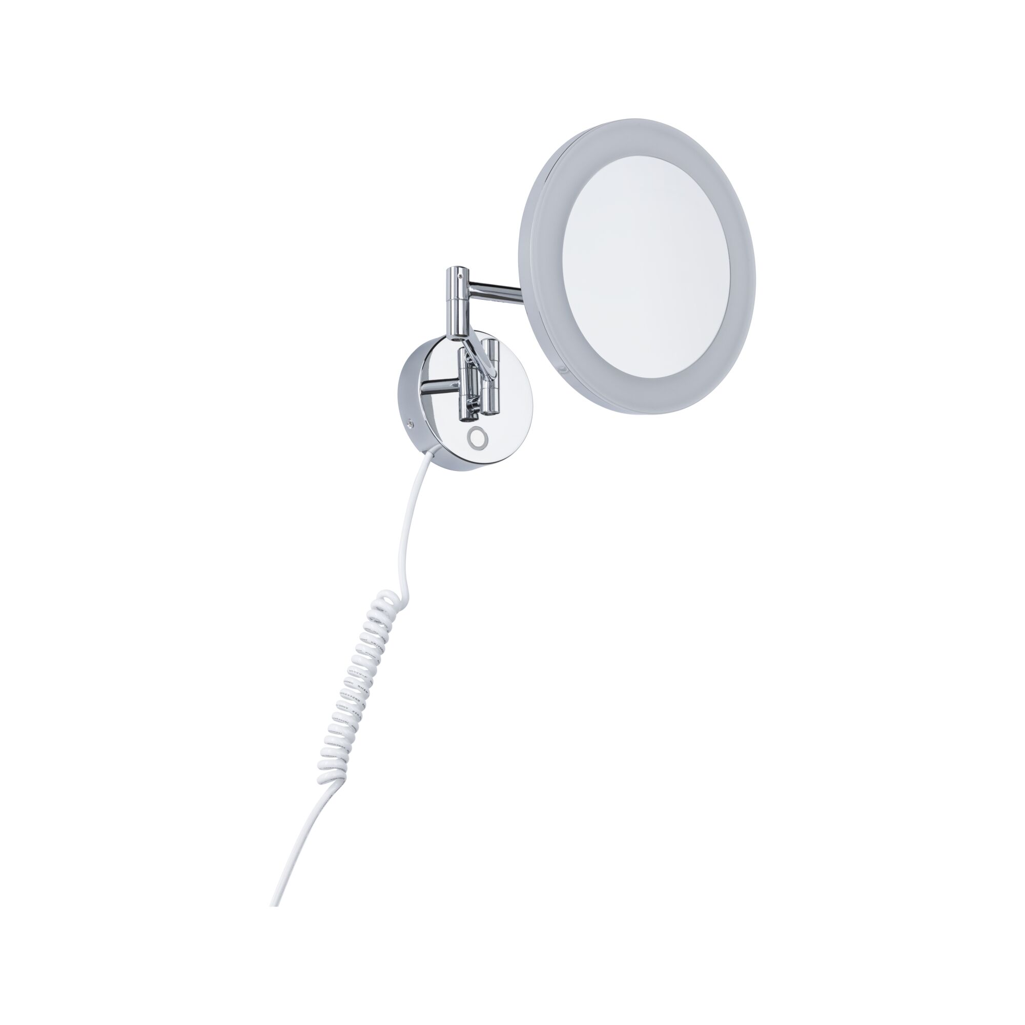 Ronde wandspiegel met LED-verlichting, chromen metalen arm, wit frame en spiraalkabel