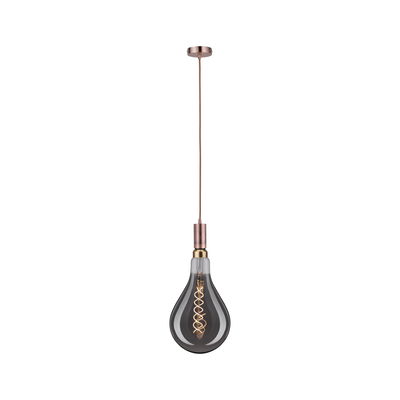 Pendant lamp with smoke grey glass bulb and copper metal, decorative LED filament lighting