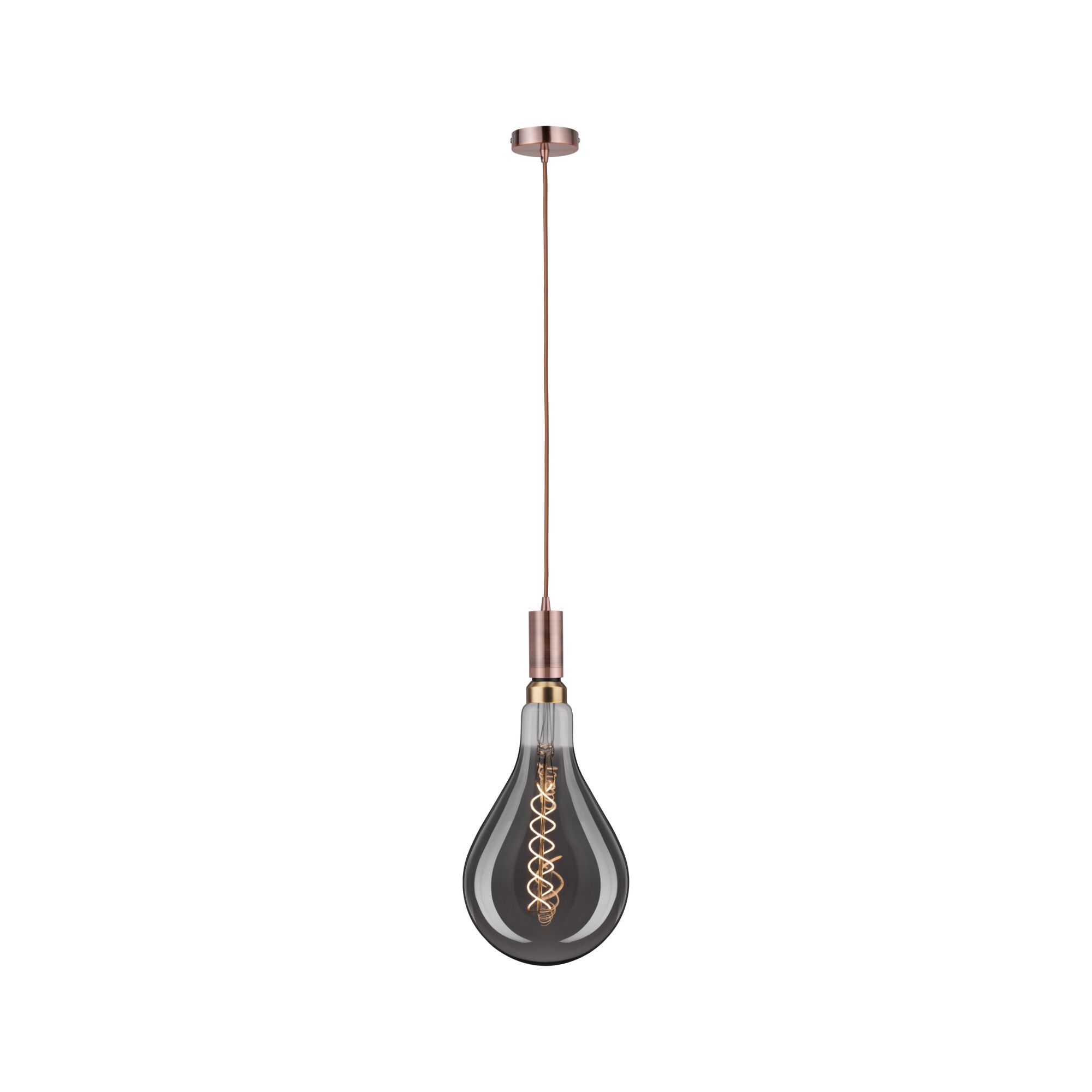 Pendant lamp with smoke grey glass bulb and copper metal, decorative LED filament lighting