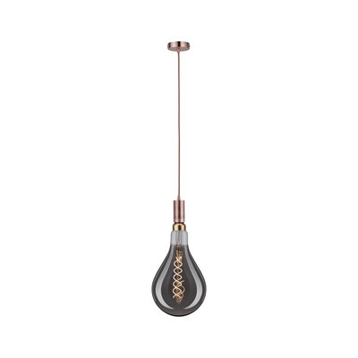 Hanglamp met rookgrijze glazen bol en koperkleurig metaal, decoratieve LED-filamentverlichting