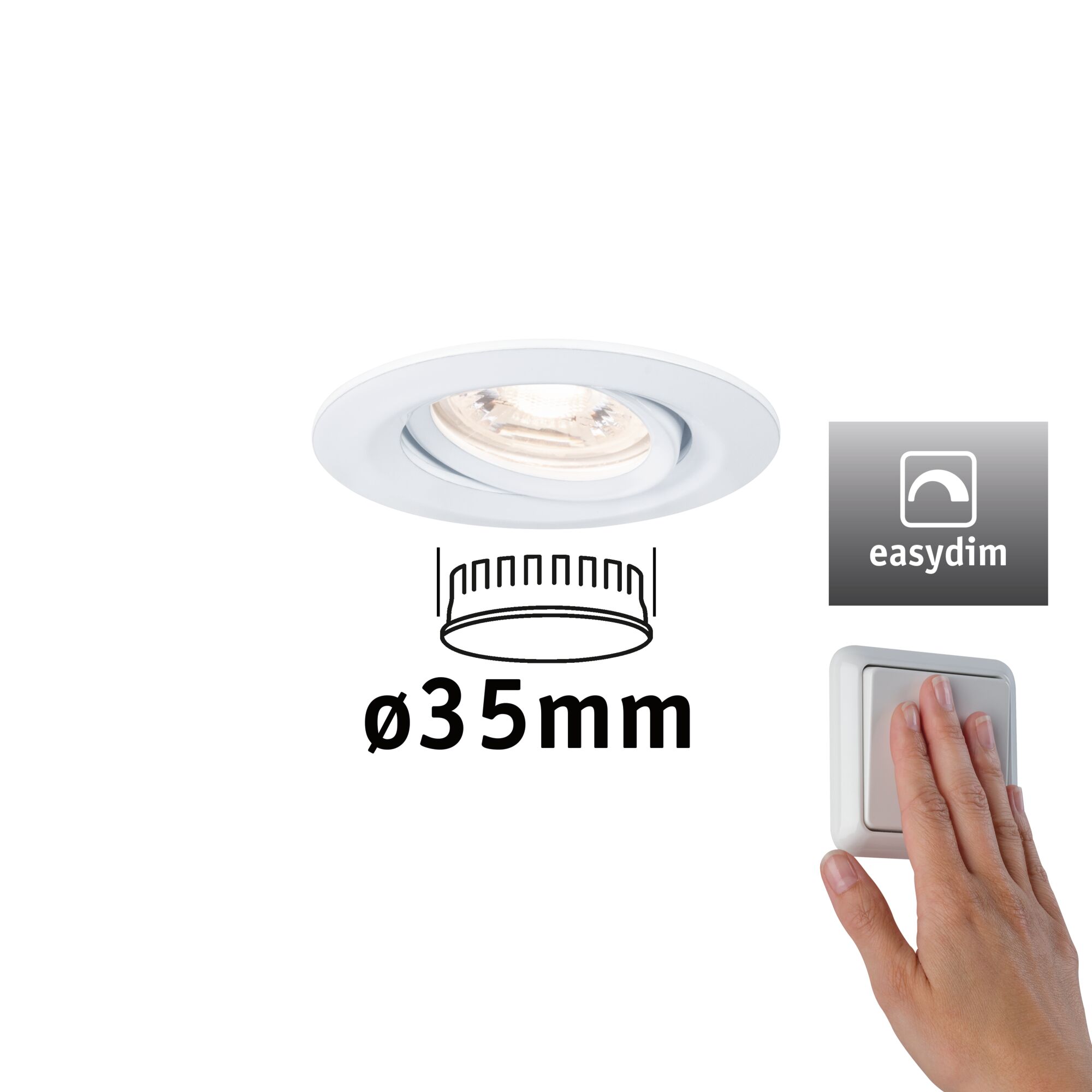 Spot encastré LED Easy Dim Nova Mini Plus Coin Luminaire individuel orientable rond 66mm 15° Coin 4,2W 300lm 230V gradable 2700K Blanc dépoli Spot encastré blanc de 35 mm de diamètre avec fonction EasyDim pour un réglage progressif