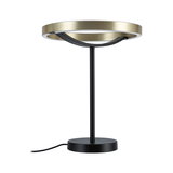 Modern table lamp with gold metal ring and black stand, LED lighting ideal for living spaces