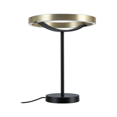Moderne Tischlampe mit goldfarbenem Metallring und schwarzem Ständer, LED-Beleuchtung für Wohnräume