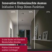 Innovative Einbauleuchte Aumus mit 3-Stufen-Dimmfunktion zeigt Lichtintensität von 100%, 50% und 25%