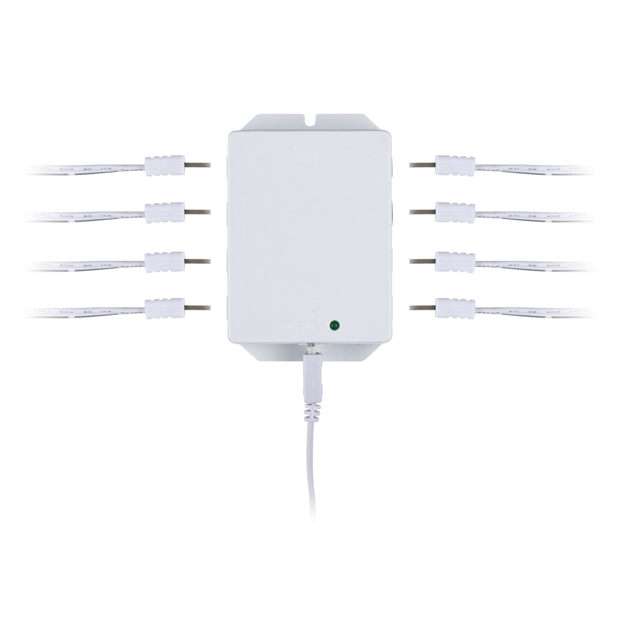 Weißes LED-Verteilergerät mit acht Kabelanschlüssen für smarte Lichtsteuerung im Innenbereich