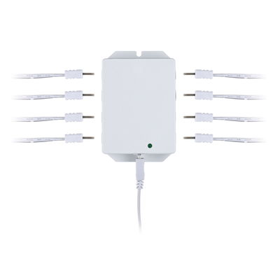 Weißes LED-Verteilergerät mit acht Kabelanschlüssen für smarte Lichtsteuerung im Innenbereich
