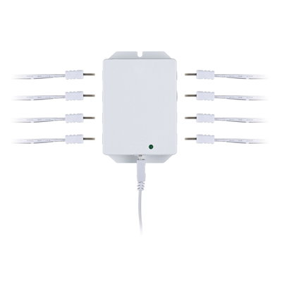 Weißes LED-Verteilergerät mit acht Kabelanschlüssen für smarte Lichtsteuerung im Innenbereich