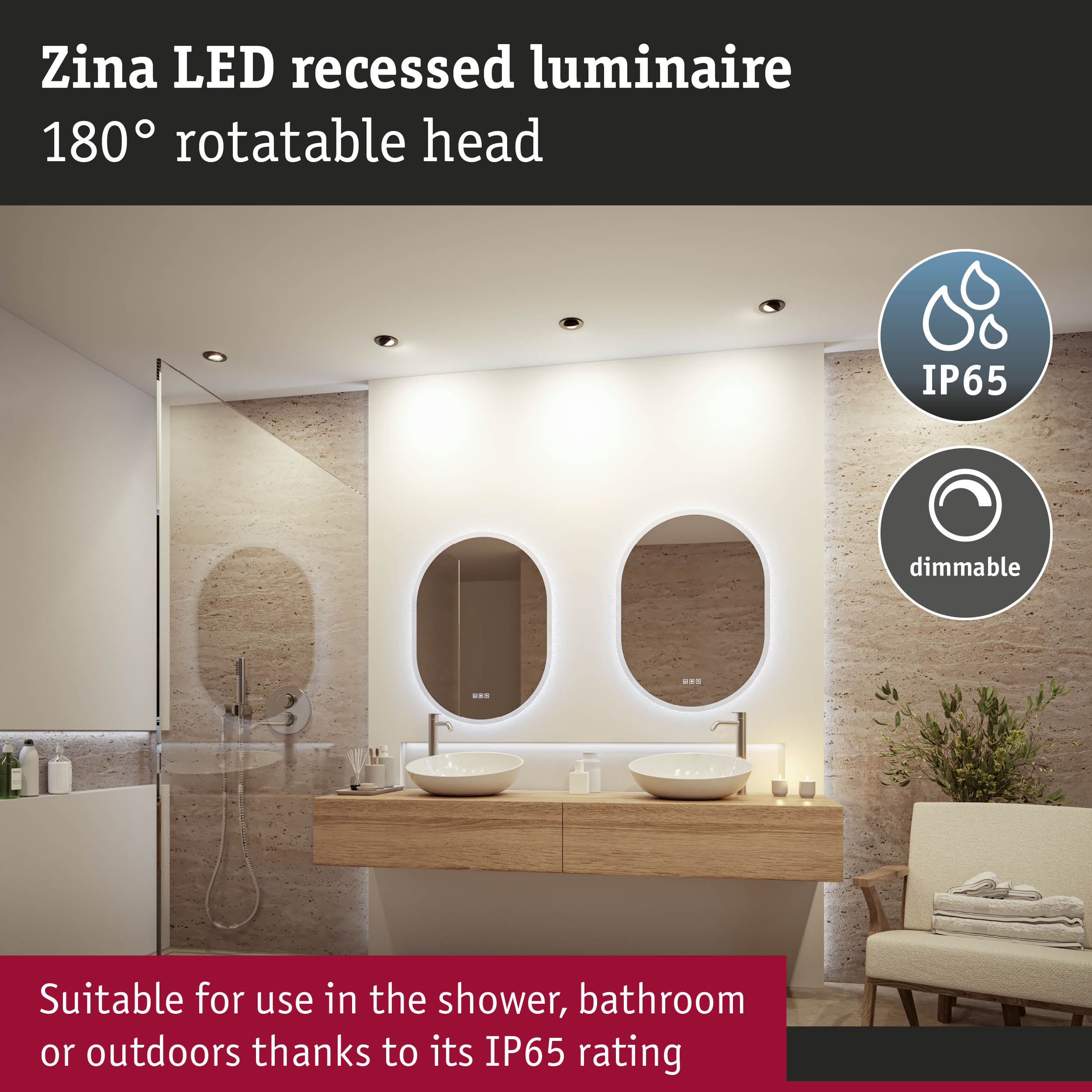 Zina LED recessed light with 180° rotatable head, IP65 rated, dimmable for bathroom and shower use