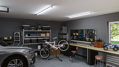 Moderne Garage mit grauem Auto, weißem Fahrrad auf Ständer und LED-Deckenleuchten für Werkstattbeleuchtung