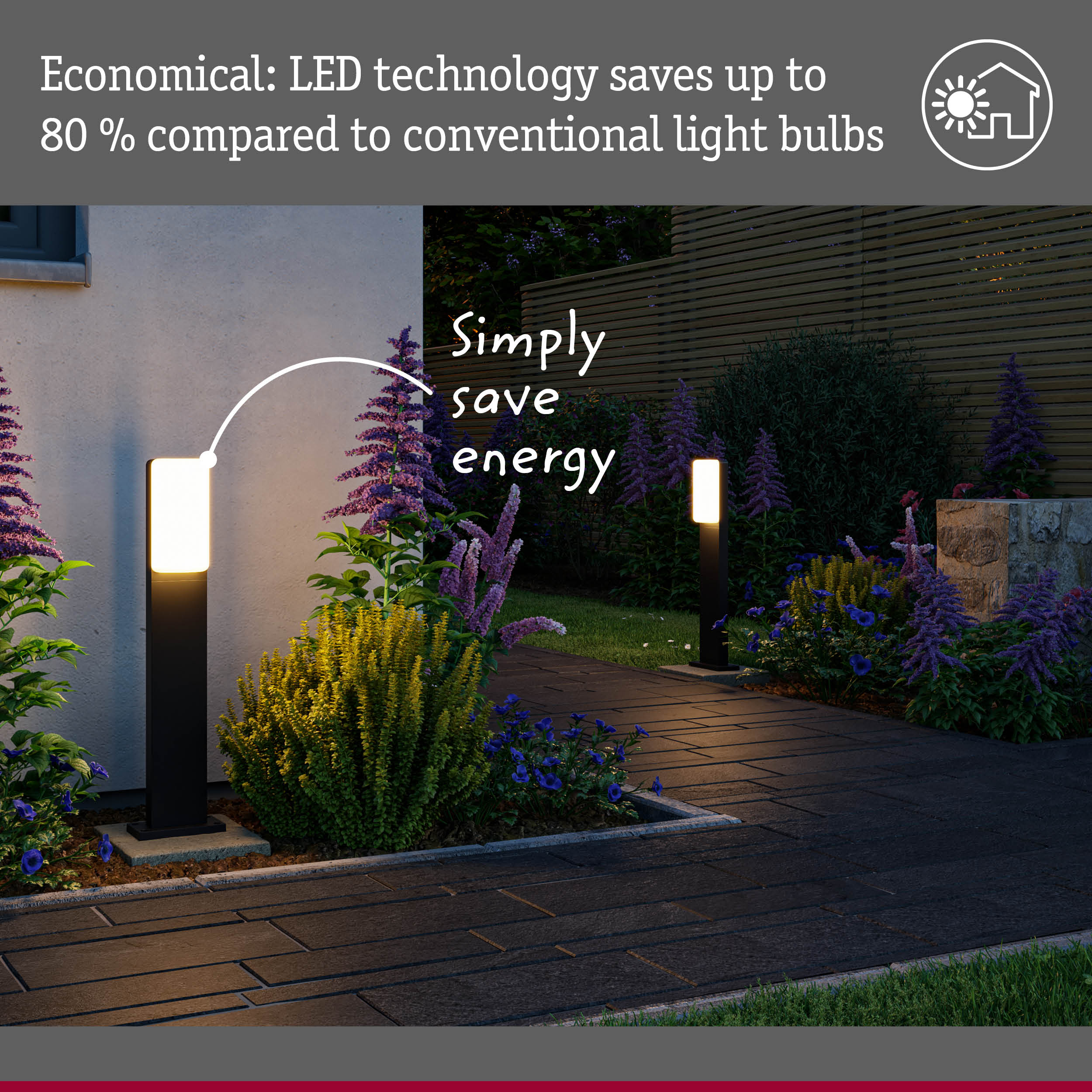Modern black LED outdoor lights with warm white glow along garden path, energy-saving lighting solution