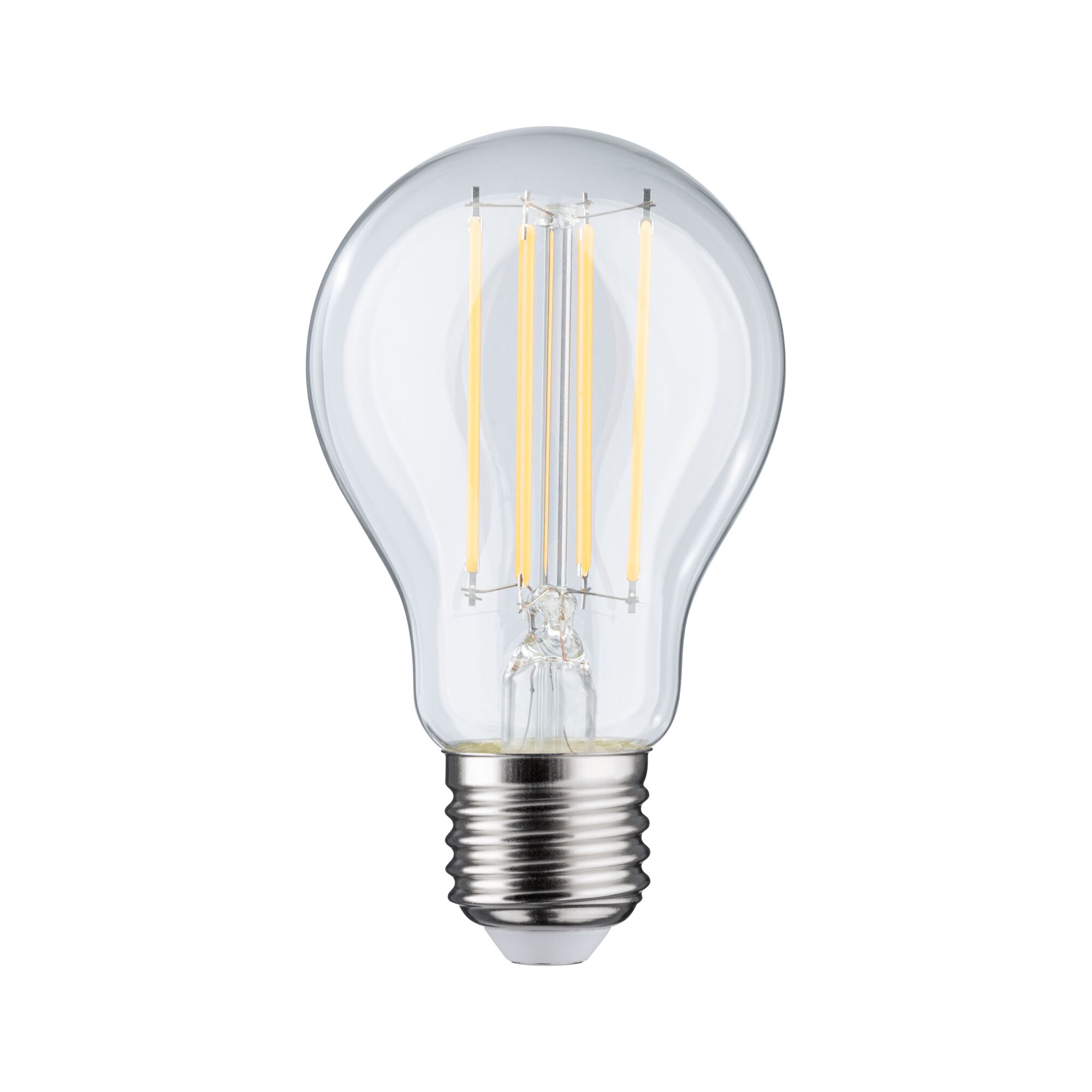 Klassische LED-Glühbirne mit transparentem Glas und silbernem Sockel für energiesparende Beleuchtung