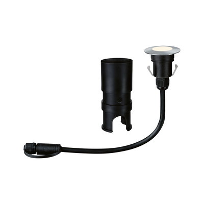 Zwarte metalen LED inbouwspot met kabel en waterdichte aansluiting voor buitenverlichting