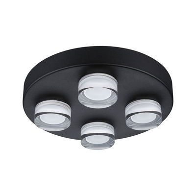 Runde Deckenleuchte mit vier weißen LED-Linsen auf mattschwarzem Metallgehäuse für moderne Beleuchtung