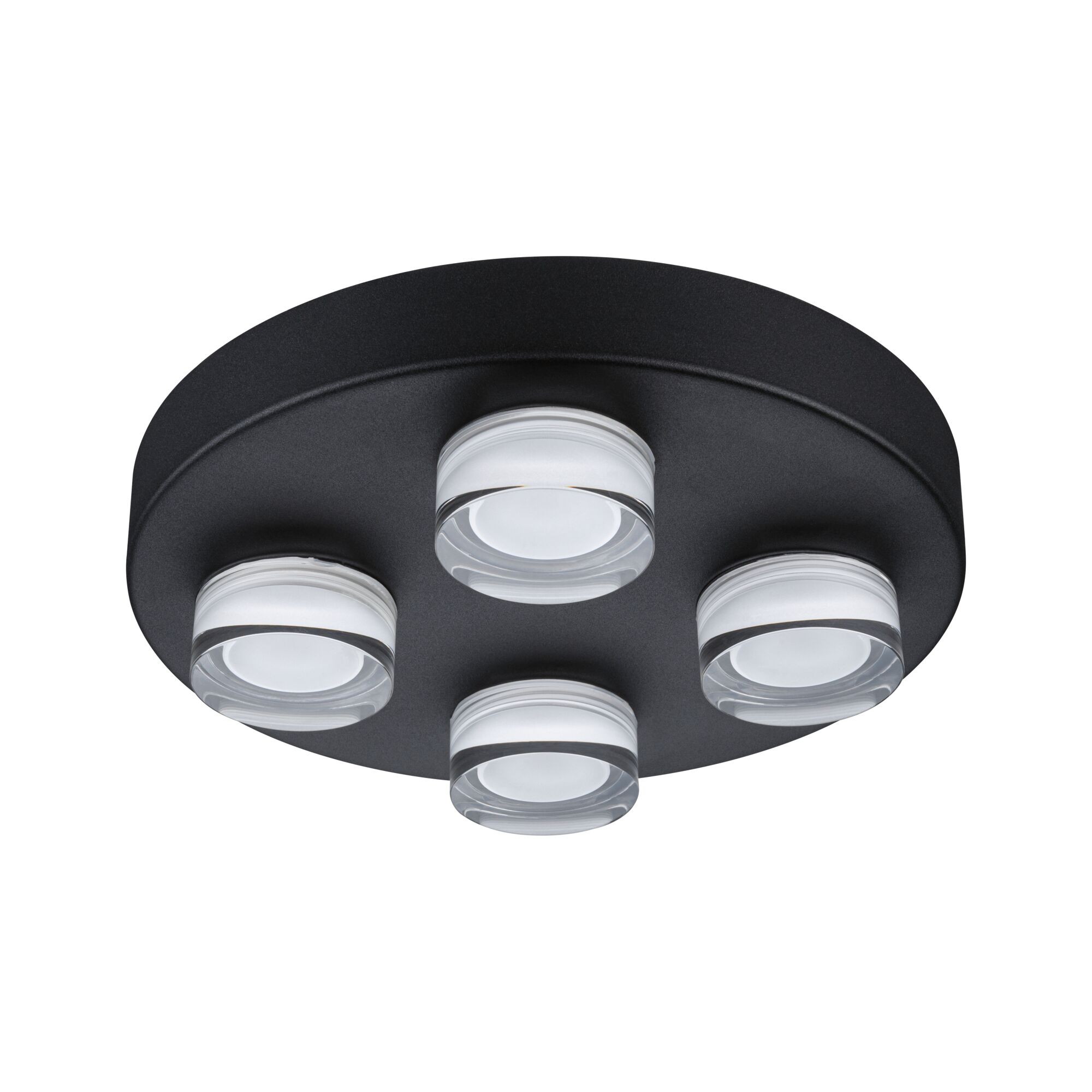 Rund loftlampe med fire hvide LED-linser på mat sort metalhus til moderne belysning