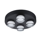 Rund loftlampe med fire hvide LED-linser på mat sort metalhus til moderne belysning