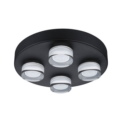 Rund loftlampe med fire hvide LED-linser på mat sort metalhus til moderne belysning